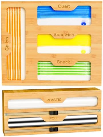 KOCWELL Bamboo Bag Storage Organizer - 2 Wrap Dispenser with Cutter & 4 Slots Food Storage Bags Container - Kitchen Drawer Plastic Bags Storage Organization for Gallon Quart Sandwich Snack Bags