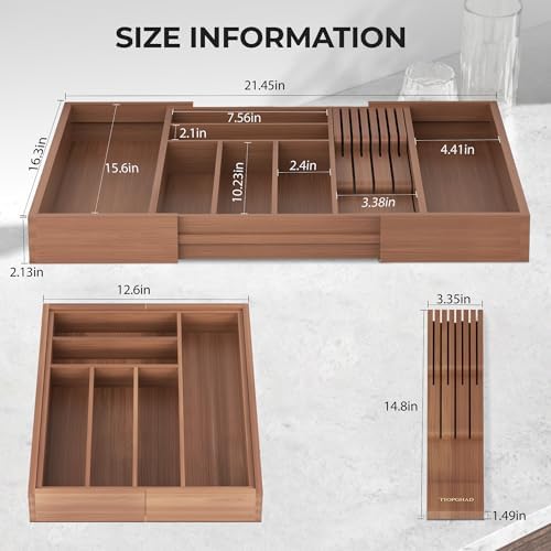 TIOPGHAD Expandable Bamboo Silverware Organizer with Knife Block, Brown
