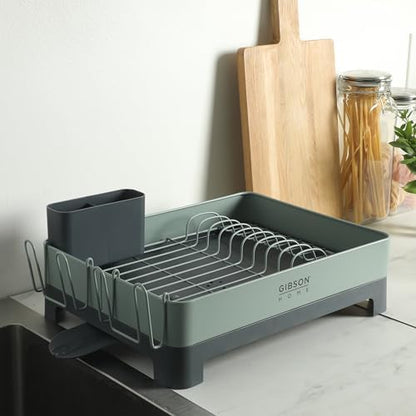 Gibson Home Nestcraft Full Size Rust Resistant Dish Rack with Drain Board and Flatware Caddy - Green