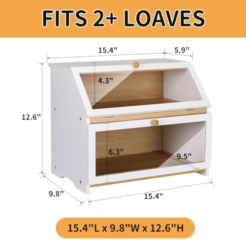HOMEKOKO Double Layer Wood Bread Box for Kitchen Counter,Keep Fresh, White
