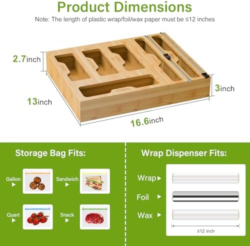 KOCWELL Bamboo Bag Storage Organizer - 2 Wrap Dispenser with Cutter & 4 Slots Food Storage Bags Container - Kitchen Drawer Plastic Bags Storage Organization for Gallon Quart Sandwich Snack Bags