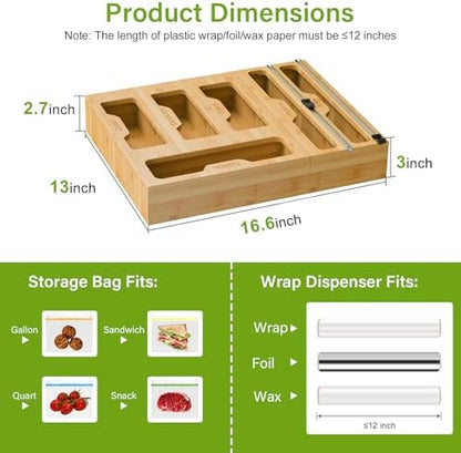 KOCWELL Bamboo Bag Storage Organizer - 2 Wrap Dispenser with Cutter & 4 Slots Food Storage Bags Container - Kitchen Drawer Plastic Bags Storage Organization for Gallon Quart Sandwich Snack Bags