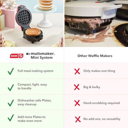 Dash MultiMaker Mini Waffle Maker, Removable Waffle & Griddle Plates, Red