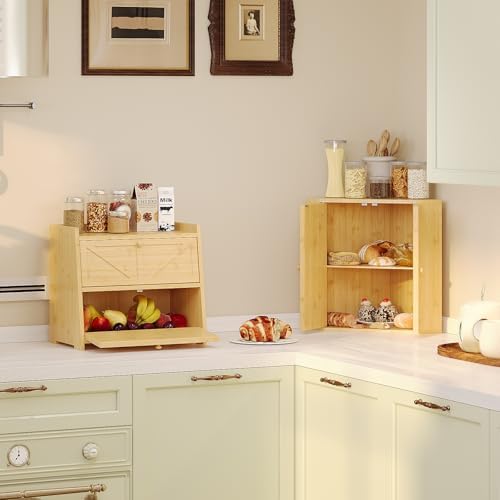 Trironsun Vintage Double Layer Bread Box for Kitchen Counter Bamboo Bread Storage Container Large Capacity Bread Storage Bin (Natural Bamboo)