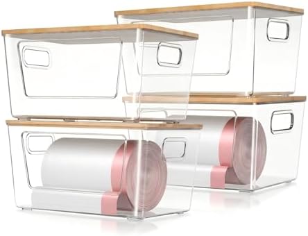 spospo 4 Pack Trash Bag Holder with Bamboo Lid Stackable Trashbag Dispenser