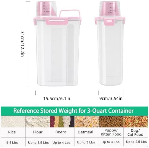TBMax Rice Container 2 Pack 5 Lbs Cereal Container Storage, Kitchen Pantry Food Storage Holder with Cup, Small Pet Dog Cat Food Container -Pink