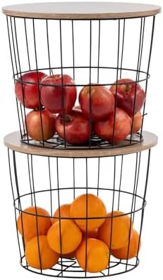 IRIS USA Round Wire Basket with Wooden Lid, 2 Pack