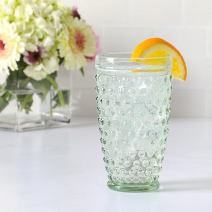 Martha Stewart Chauncey 4-Pack Hobnail Glass Tumblers, 14.3 oz – Handmade Green Drinking Glasses, Vintage Textured Water Cups for Kitchen, Barware, or Entertaining