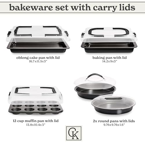 Country Kitchen Baking Pans Set - 10 Piece Non-Stick Cake Pans with Carry Lids for Easy Storage & Travel, Perfect for Parties - Stackable, Black