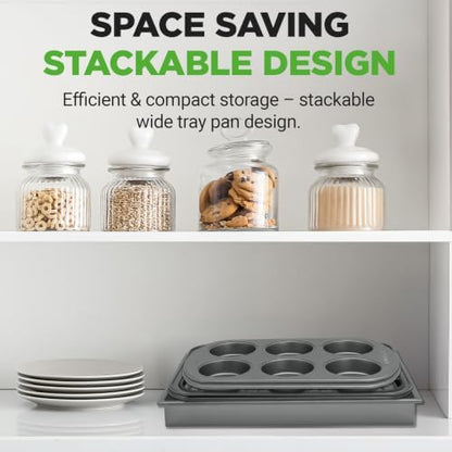 NutriChef 6-Piece Toaster Oven Bakeware Set, Compact Non-Stick Stackable Baking Pan Set with Muffin Pans, Roasting Tray & Baking Sheets, Durable Stain-Resistant Carbon Steel Design for Toaster Ovens