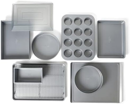 Calphalon Titan 10-Piece Nonstick Bakeware Set, Baking Sheet Set, Steel Core PFA-Free Nonstick Coating, Oven Safe, Includes Sheet Pans, Muffin Pan, Round Cake Pans, Loaf Pan and Cooling Rack - Silver
