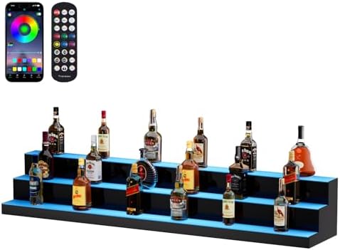 VEVOR LED Lighted Liquor Bottle Display Shelf, 3 Tiers 60 Inches, Supports USB, Illuminated Home Bar Shelf with RF Remote & App Control 7 Static Colors 1-4 H Timing, Acrylic Light Shelf