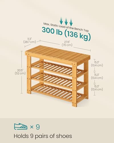 SONGMICS Shoe Rack Bench, 4 Tier Bamboo, 11.3 x 27.6 x 20.5 Inches