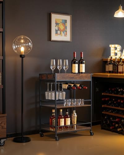 VEVOR Bar Cart with Wheels, 3-Tier Rolling Serving Cart, 26.77-Inch Beverage Station with Wine Rack, Glass Holder and S Hooks for Home Kitchen, Rustic Brown and Black