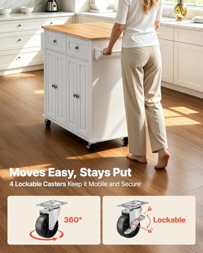 VEVOR Kitchen Island Cart with Storage, 43.58 in Wide Mobile Rolling Storage Island on Swivel Wheels, with 2 Drawers, Storage Cabinet, Drop Leaf, Spice/Towel Rack, Table for Home Dining Room, White