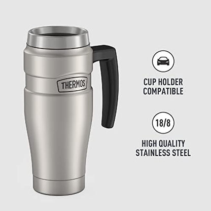 THERMOS Stainless King Vacuum-Insulated Travel Mug with Handle-16oz,Matte Steel-Thermos Tumbler for Hot&Cold Drinks-Leak-Proof&Sweat-Proof Stainless Steel Coffee Mug with Lid for Commuting,(Pack of 4)
