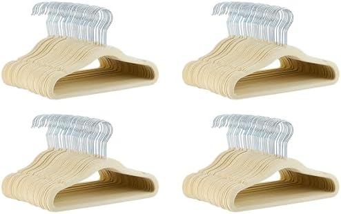 Amazon Basics Kids Space Saving Velvet Non-Slip Clothes Hangers with Shoulder Notches for Infant and Toddler, 11.6", Beige 50 Count (Pack of 4)
