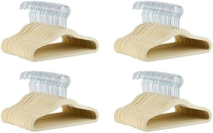 Amazon Basics Kids Space Saving Velvet Non-Slip Clothes Hangers with Shoulder Notches for Infant and Toddler, 11.6", Beige 50 Count (Pack of 4)