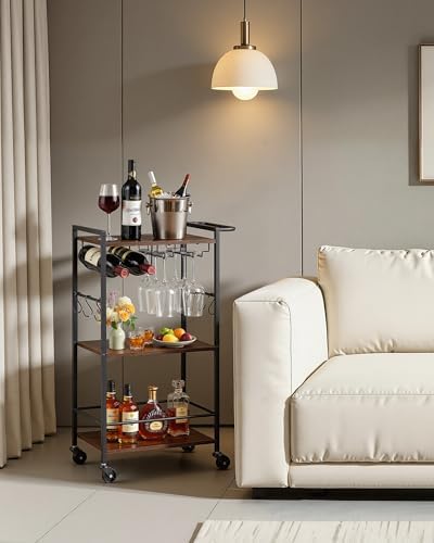 VEVOR Bar Cart with Wheels, Small Narrow 3-Tier Rolling Serving Cart, 20.08-Inch Beverage Station with Wine Rack, Glass Holder and S Hooks for Small Spaces, Rustic Brown and Black
