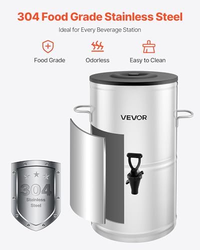 VEVOR Ice Tea Dispenser, 4 Gal/15L 304 Stainless Steel Beverage Dispenser with Spigot & Handle, Suitable for Hot and Cold Drinks, for Iced Tea Coffee Water in Cafes & Restaurants