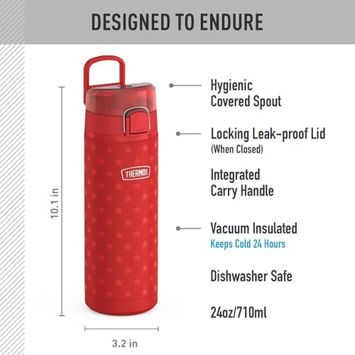 THERMOS ICON SERIES, Stainless Steel Water Bottle with Spout - 24 Ounce, Red Stars - Vacuum Insulated Water Bottle with Lid