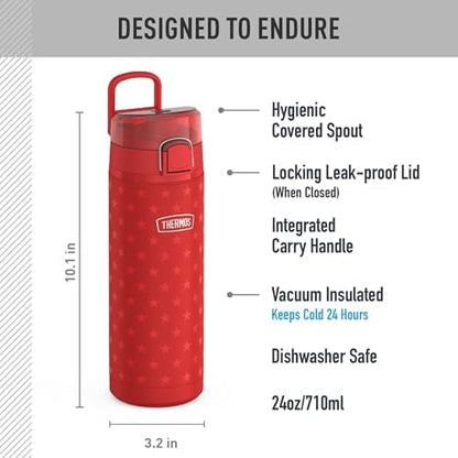 THERMOS ICON SERIES, Stainless Steel Water Bottle with Spout - 24 Ounce, Red Stars - Vacuum Insulated Water Bottle with Lid