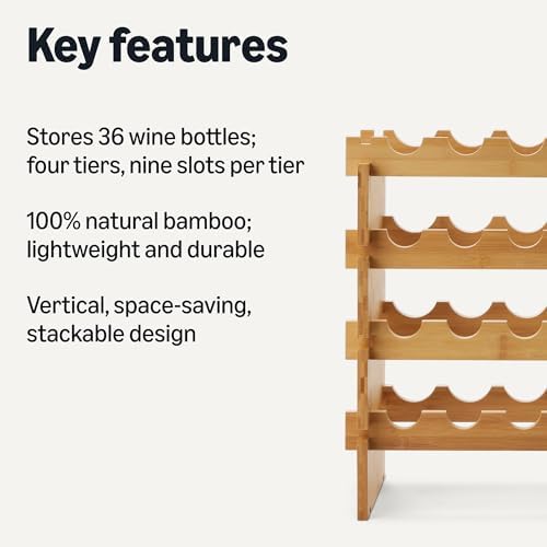 Amazon Basics Stackable Bamboo Wine Rack, 36 Bottle Capacity, Easy to Assemble