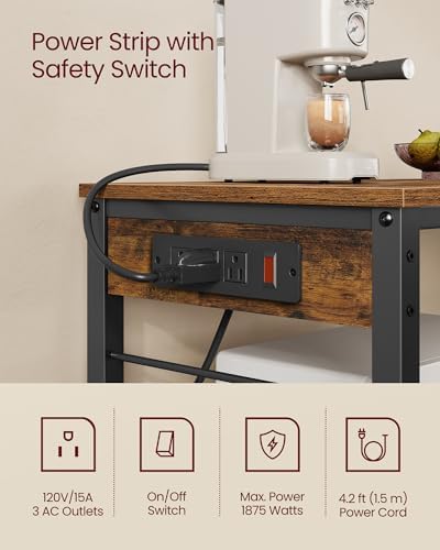 VASAGLE Kitchen Island with Power Strip, 3-Tier, 6 Hooks, Metal Frame