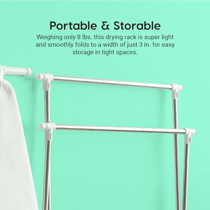IRIS USA Foldable Drying Rack with Extendable Rods for Large Laundry Loads, Clothes Drying Rack, Freestanding Foldable Laundry Rack, Anti-Skid Feet, Portable and Storable, Silver