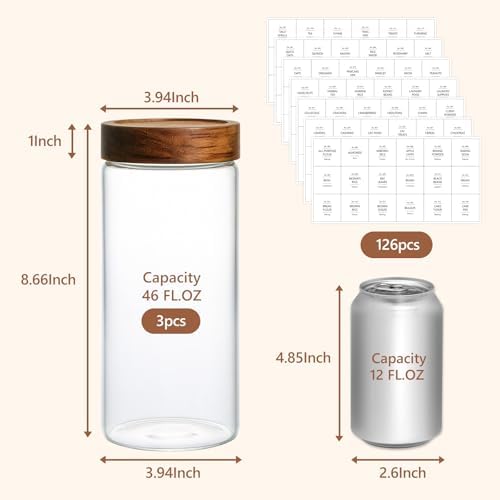 KEYWING 46 fl.oz Glass Jars with Airtight Lids, Food Storage Jars 3Pcs