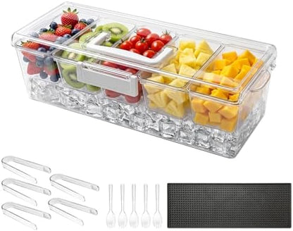 VEVOR Chilled Condiment Server Caddy, 5 Compartment Ice Cooled Serving Container, Plastic Fruit Garnish Tray Platter with Lid, for Taco Salad Bar Accessories, Party Home Restaurant Supplies