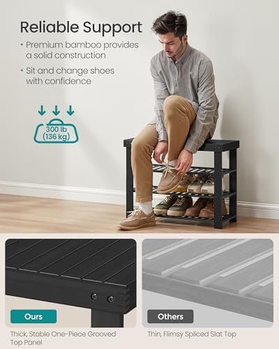 SONGMICS Shoe Rack Bench, 4 Tier Bamboo, 11.3 x 27.6 x 20.5 Inches