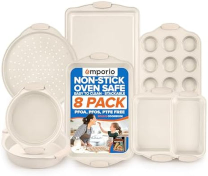 Emporio Kitchen Baking Pan Set - Nonstick Coating, Carbon Steel Bakeware Set with White Silicone Handle, PFOA, PFOS, PTFE Free, Recipe Booklet Included, Oven Safe Tray (Up To 450° F), Set of 8 - White
