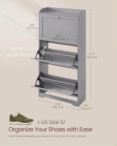 VASAGLE Shoe Storage Cabinet with 3 Flip Drawers, Slim, Holds 12‑20 Pairs