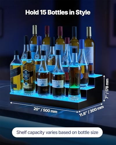 VEVOR LED Lighted Liquor Bottle Display, 3 Tiers 20 Inches Whiskey Rack, Supports USB, Illuminated Home Bar Shelf with RF Remote & App Control, 9 Static Colors, Acrylic Lighted Shelf for 15 Bottles