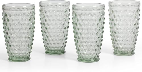 Martha Stewart Chauncey 4-Pack Hobnail Glass Tumblers, 14.3 oz – Handmade Green Drinking Glasses, Vintage Textured Water Cups for Kitchen, Barware, or Entertaining
