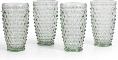 Martha Stewart Chauncey 4-Pack Hobnail Glass Tumblers, 14.3 oz – Handmade Green Drinking Glasses, Vintage Textured Water Cups for Kitchen, Barware, or Entertaining