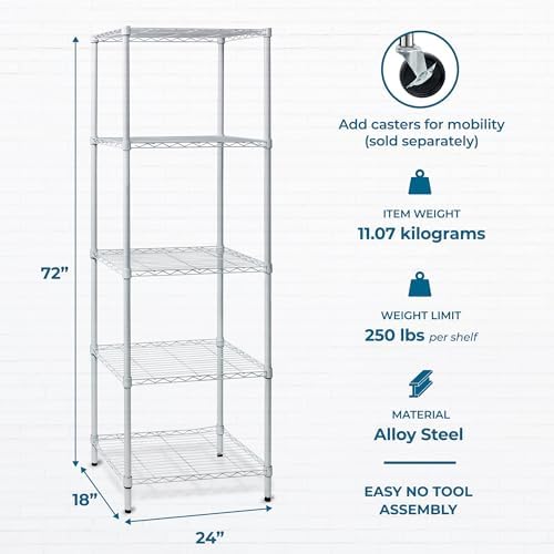 Honey-Can-Do 5-Tier Heavy Duty Adjustable Shelving Unit, 250-lb Per Shelf NSF Certified Metal Storage Rack, White Wire Shelf for Laundry Kitchen Pantry, 24 x 18 x 72 in