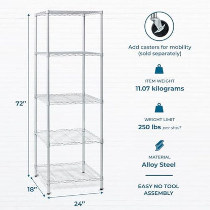 Honey-Can-Do 5-Tier Heavy Duty Adjustable Shelving Unit, 250-lb Per Shelf NSF Certified Metal Storage Rack, White Wire Shelf for Laundry Kitchen Pantry, 24 x 18 x 72 in