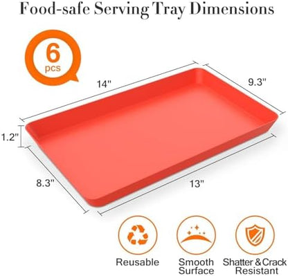 WOWBOX 6 pcs Serving Tray for Entertaining, Serving Platters for Snacks, Fruit, Cookies, Dessert, Reusable Plastic Trays for Serving Food and Pantry Organization in Kitchen & for Parties, (Red)