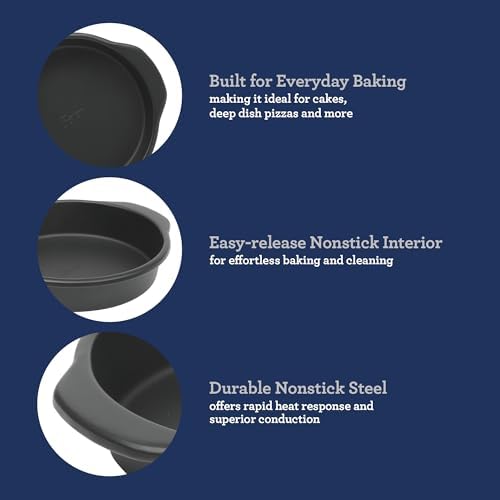 Oster Teston 9-Inch Round Cake Pan, Nonstick Carbon Steel Bakeware, Matte Black, PFAS-Free, Oven-Safe, Easy Release Baking Pan