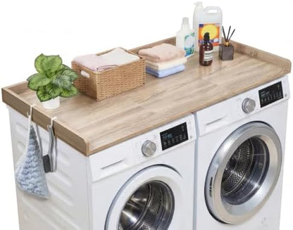 VEVOR Washer Dryer Countertop with 3 Splicing Panels, 54" x 27" Wooden Washer and Dryer Countertop with 2 Hooks, Water-Resistant Laundry Topper for Laundry Room Organization and Storage, Oak
