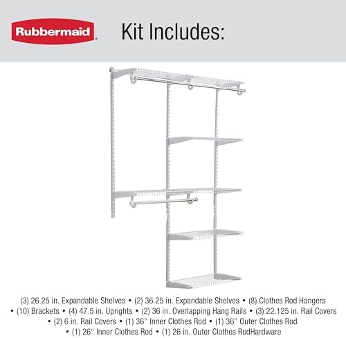 Rubbermaid Configurations Custom Closet Kit, 3-6 Ft. Adjustable Metal Wire Shelving, Titanium Finish, Expandable Organization System, Hardware Included, for Home Closet/Pantry/Laundry/Mudroom