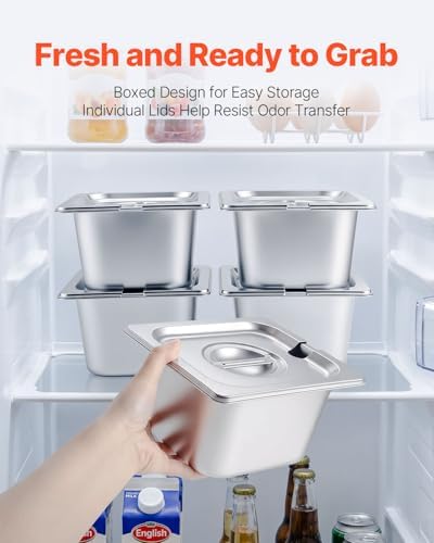 VEVOR Countertop Food Serving Display Container, Stainless Steel Food Salad Server Tray, Buffet Condiment Dispenser, Ice Cooled Rack with Separate Lid, for Restaurant, Hotel, Party (6x1/6 Pan)