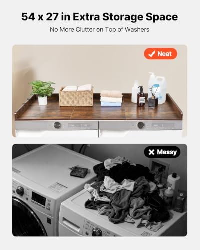 VEVOR Washer Dryer Countertop with 3 Splicing Panels, 54" x 27" Wooden Washer and Dryer Countertop with 2 Hooks, Water-Resistant Laundry Topper for Laundry Room Organization and Storage, Brown