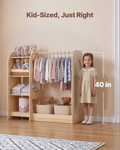 VEVOR Kids Dress Up Storage, with Mirror, Wooden Kids Dress Up Rack, Toddler Wardrobe Closet for Little Girls, Storage Armoire, Costume Organizer, Children Playroom Furniture, for Bedroom, Natural