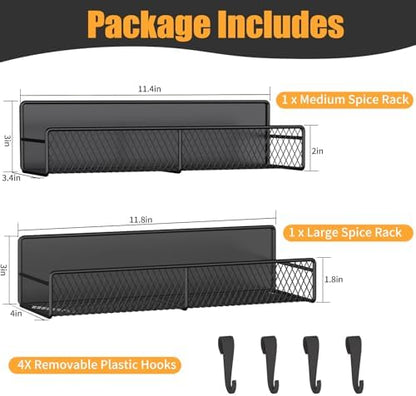 Magnetic Spice Rack for Refrigerator, 2 Pack Metal Magnetic Shelf Black, Moveable Spice Organizer with Hooks, Super Magnetic Fridge Shelf for Kitchen Organization and Storage