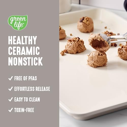 GreenLife Bakeware 18” x 13” Half Cookie Sheet Baking Pan, Non-Toxic PFAS-Free Healthy Ceramic Nonstick, Oven Safe to 450°F, Easy Release, Even Heating, Easy Clean, Taupe