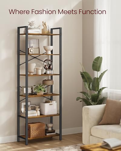 VASAGLE 6-Tier Bookshelf, Bookcase with Steel Frame, Book Shelf for Living Room, Home Office, Study, 11.8 x 26 x 73.2 Inches, Industrial Style, Rustic Brown and Ink Black ULLS062B01