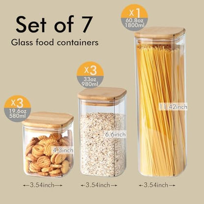7 Pack Square Glass Storage Containers with Lids, Multi-Size Canisters Sets for the Kitchen & Pantry food storage jar – Ideal for Storing Pasta, Cereal, Flour, Sugar, Nuts, Coffee Beans & More